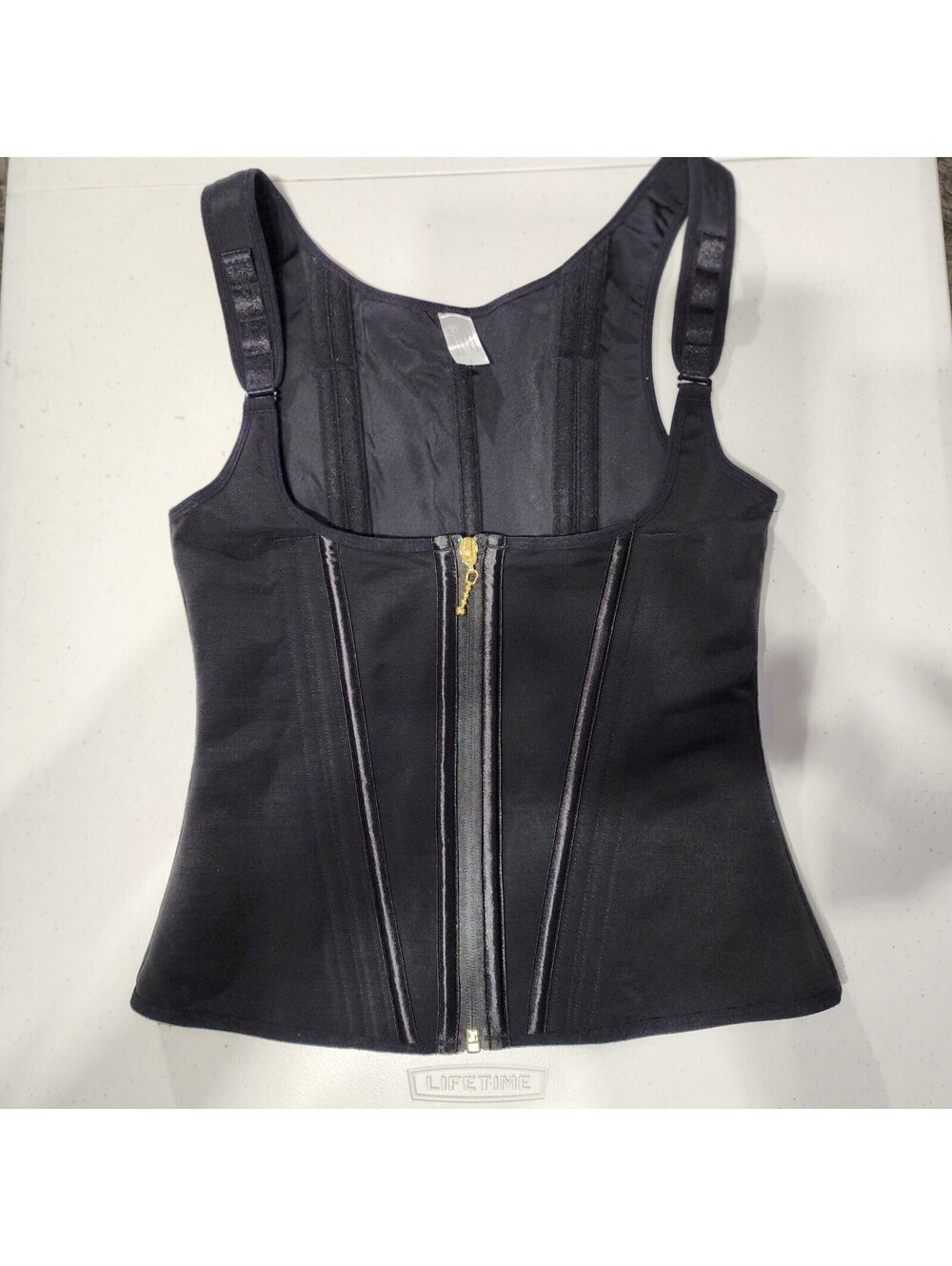 Black Waist Trainer Shapewear Zip Front Adjustable Straps L Nylon Spandex Solid